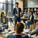 Empleados participando en una sesión de coaching empresarial dirigida por un conferencista certificado.