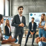 Líder empresarial comunicando con su equipo en una reunión.