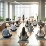 Empleados practicando mindfulness en una sesión guiada en la oficina.